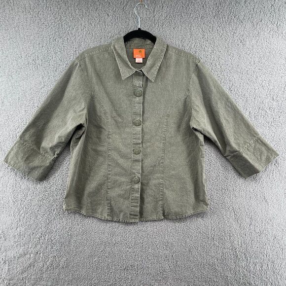 Hearts of Palm Linen Blend Button Down Shirt Olive Green Women's 14 - Picture 2 of 12